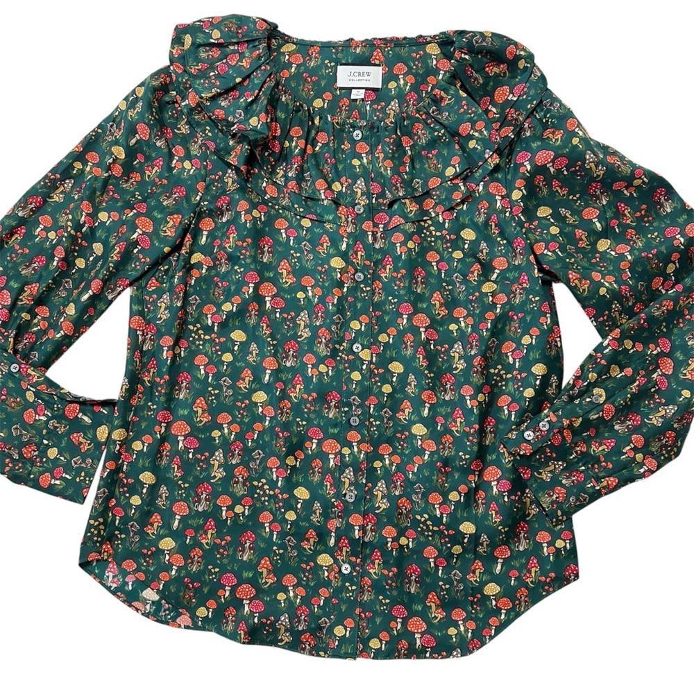 J.Crew Collection silk-twill ruffle-collar top in mushroom floral M NWT - Picture 2 of 10